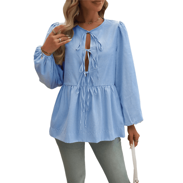 Blusa Babydoll con Lazo Frontal para Mujer, Larga, Rayas, Peplum, Volantes, Encaje. Azul S