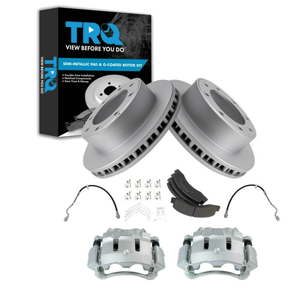 TRQ Front Brake Pad & Rotor Kit Brake Caliper Brake Hose Brake Pads Brake Rotor Semi-Metallic Premium G-Coated Fits Select 2000-2004 Ford F-250 Super Duty F-350 Super Duty
