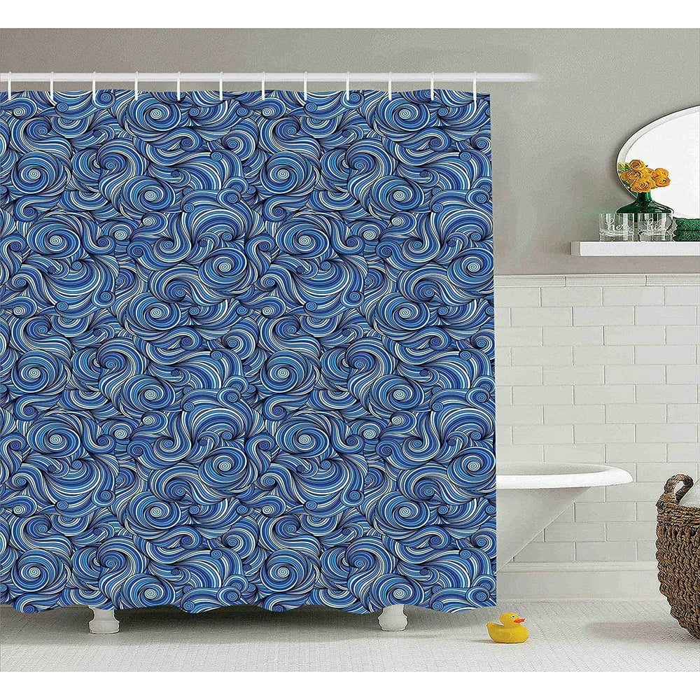 Navy Blue Shower Curtain Asian Decor by , Abstract Art Ocean Waves Hand