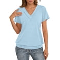 thumbnail image 3 of Womens T Shirts Solid V Neck Short Sleeve V Neck Soft Everyday Basic Tee for Ladies Light Blue S, 3 of 5