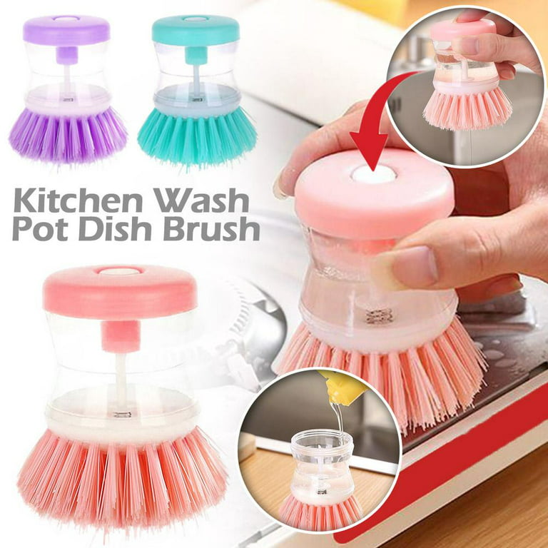 Sugarday Dish Brush with Soap Dispenser Kitchen Scrub Brush with 3 Brush Replacement Heads for Pot Pan Sink Cleaning, Size: 5 in, Blue