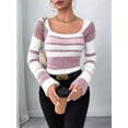 thumbnail image 4 of Women'S Pullover Striped Knit Square Neck Sweater Color Block Long Sleeve Cute Trendy Fuzzy Sweaters Pink XS, 4 of 10