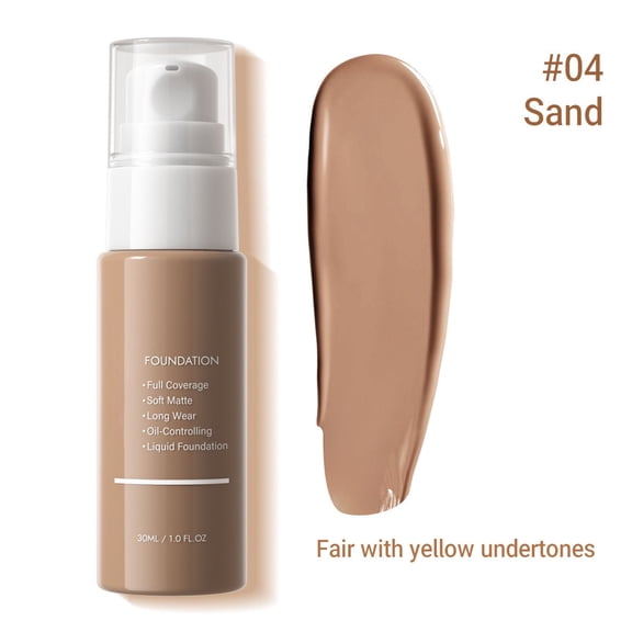 Soft Matte Liquid Foundation 30ml, #04 Sand for Fair Yellow Undertone Skin, Long‑Wear Oil‑Control Buildable Full Coverage Makeup Base