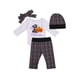 thumbnail image 1 of Conjunto de 4 piezas para bebé para Halloween: pelele con estampado de calabaza y red, pantalones largos, diadema con lazo y gorro., 1 of 9