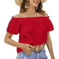 thumbnail image 1 of Blusa de manga corta con volantes y dobladillo con volantes para mujer Camisa con hombros descubiertos de color puro de verano Rojo XXL, 1 of 8
