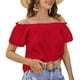 thumbnail image 1 of Blusa de manga corta con volantes y dobladillo con volantes para mujer Camisa con hombros descubiertos de color puro de verano Rojo L, 1 of 8
