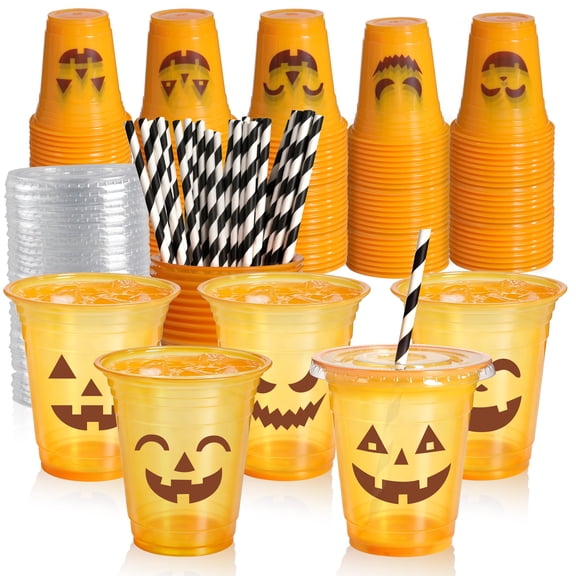50 Pcs Halloween Disposable Plastic Cups with Lids and Straws Thanksgiving Party Cups 12oz Orange Pumpkin Cold Beverage Drinking Cup for Harvest Party Autumn Supplies