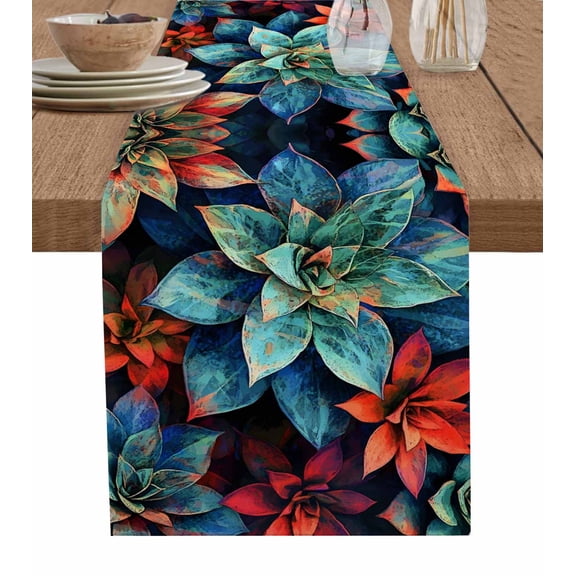 Teal Red Succulent Table Runner 36 Inches, Modern Vintage Bottom Leaves Bed Runner Dresser Scarves Tabletop for Indoor Outdoor Parties/Ceremony/Banquet, 13"x 36"
