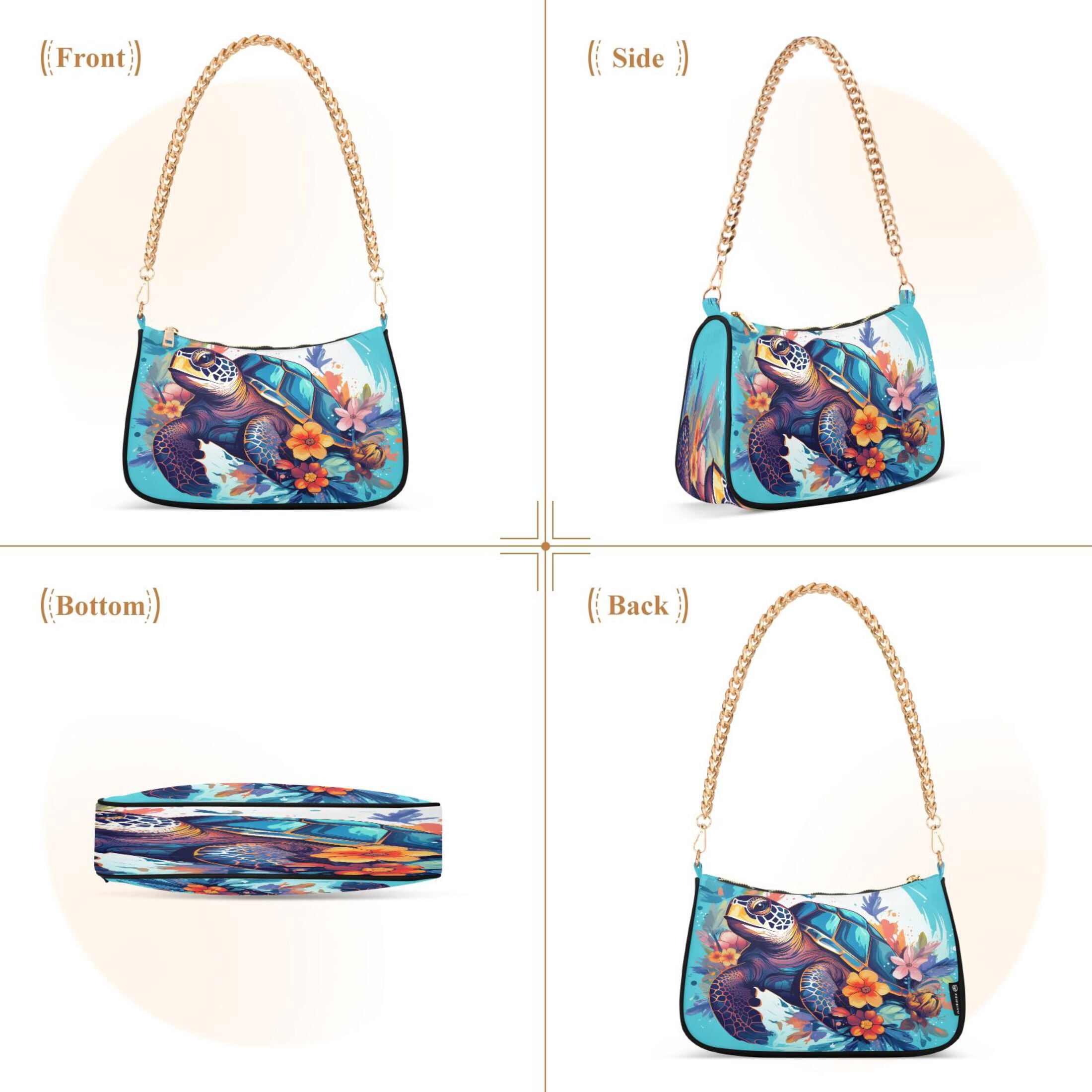 Ryvnso Sea Turtle with Floral Womens Chain Shoulder Bag Tote Handbags Clutch Hobo Purse with Zipper for Travel