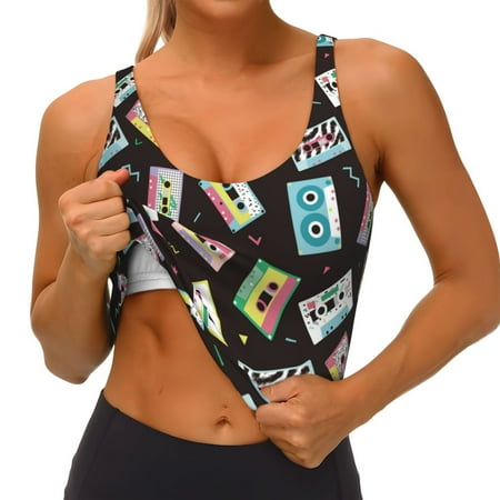 Qokaie Colorful Retro Tape Pattern Womens Scoop Neck Sports Bra Breathable Workout Vest Padded U Back Medium Impact Fitness Gym Yoga Bra Workout Crop Top