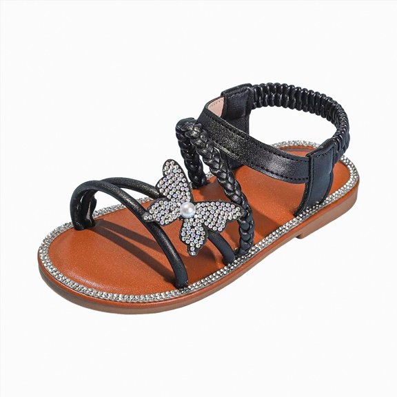 kpoplk Girls Sandals Cute Open Toe Summer Flats Sandals Strappy Summer Shoes Toddler/Little Kid(Black,13)