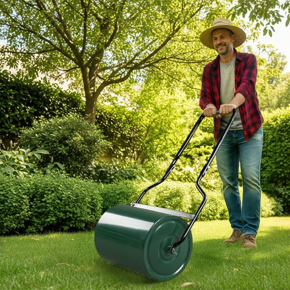 16in Heavy Duty Steel Lawn Roller,Dual Push/Pull Operation Hand Roller Can Be Filled with Water or Sand,Garden Roller with U-Shaped Foam Handle for Garden,Lawn and Backyard,Green & Black