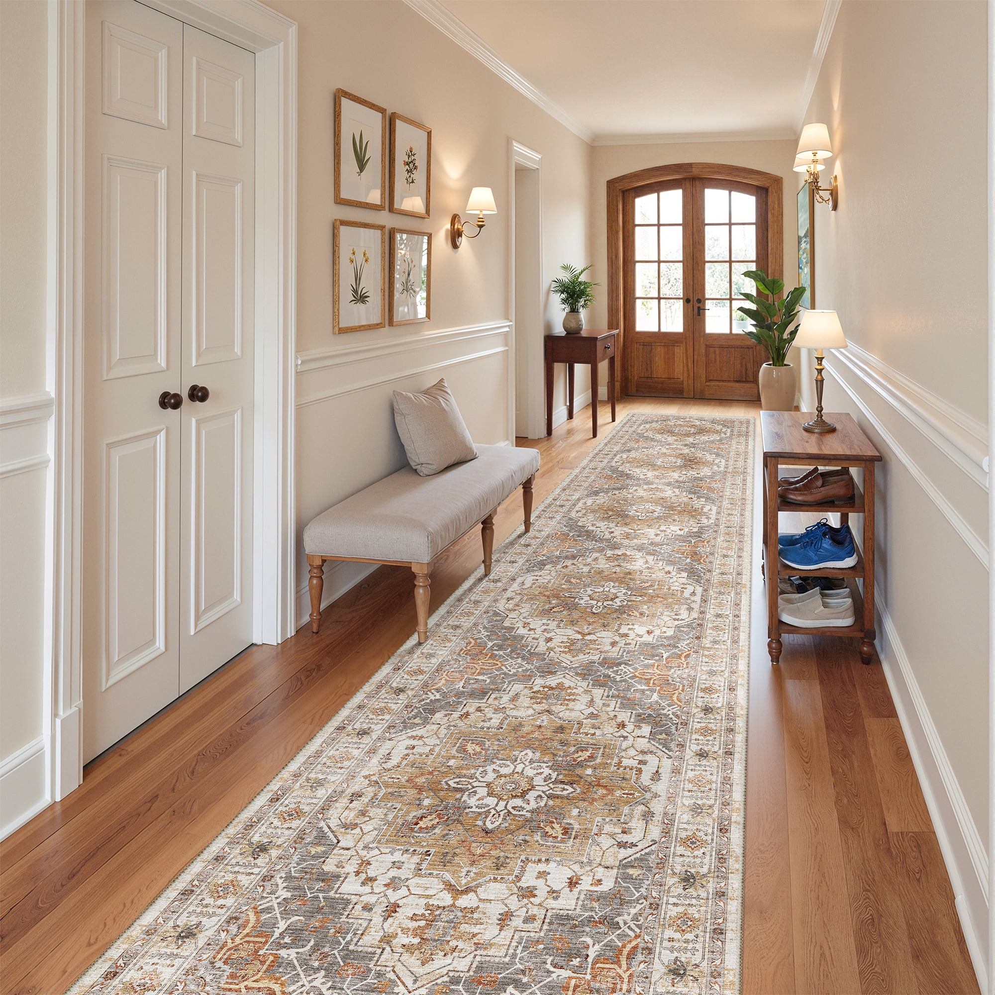 oxstand 2'x12' Washable Runner Rug for Hallway Entrance Bedroom Entryway, Vintage Non Slip Stain Resistant Kitchen Rugs, Turmeric