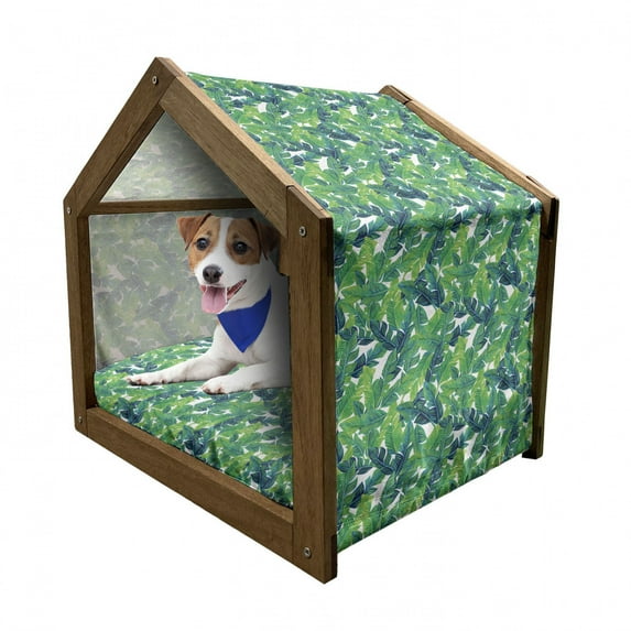 Banana Leaf Pet House, Green Leaves of a Tropical Tree Brazilian Jungle Island Vegetation Art, Outdoor & Indoor Portable Dog Kennel with Pillow and Cover, 5 Sizes, White and Green, by Ambesonne