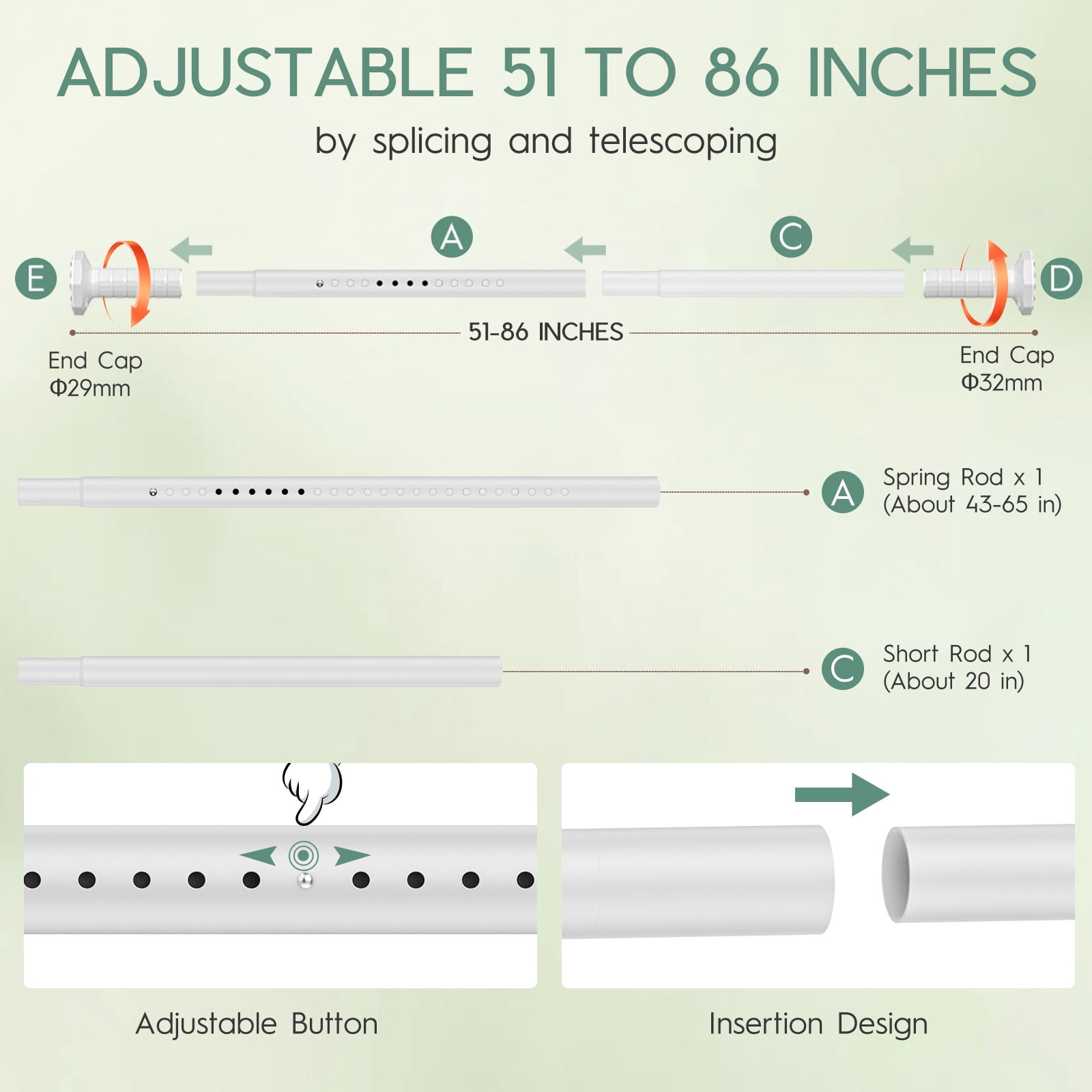 VEGCOO 45-86" Tension Curtain Rod, 2-in-1 Drill-Free or Screw-Fixed Heavy Duty Matte White Shower Rod for Bathroom Windows Patio, Holds 80LBS