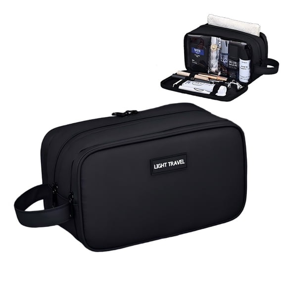 WANDF Large Toiletry Bag with for Men Women,3-Layer PU Leather Travel Dopp Shaving Kit Bag with Wet Compartment ,Water Resistant Cosmetic Makeup Organizer Shower Bathroom Bag(Black)