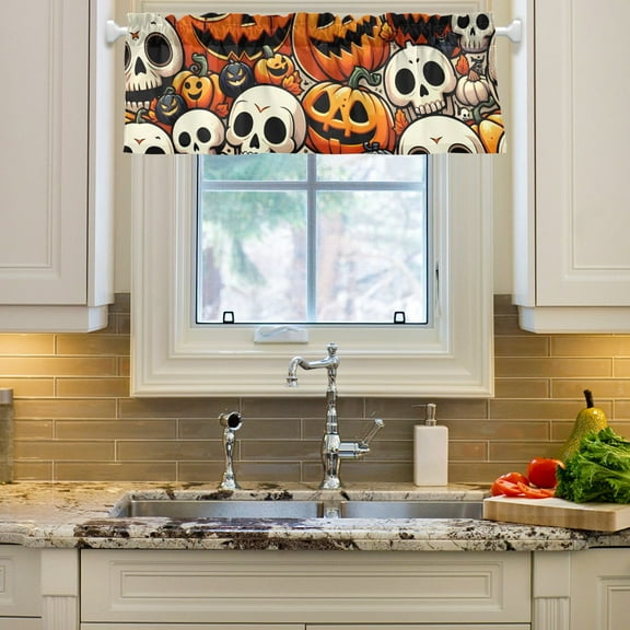 Pumpkins Skeleton Halloween Curtain Valances Farmhouse Design Window Treatment Decor Blackout Rod Pocket for Windows Living Room Kitchen 54" x 18"