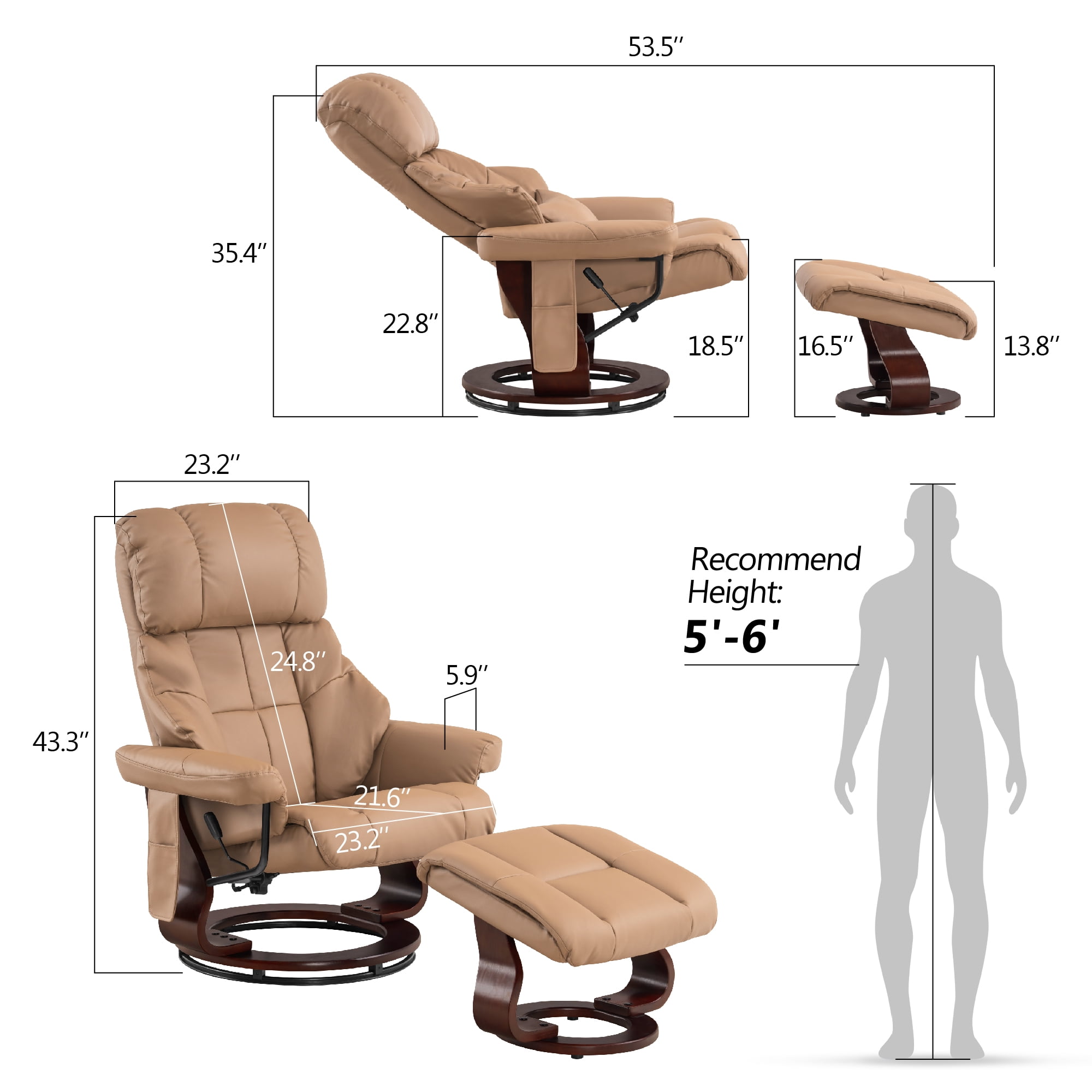 MCombo 360° Swivel Recliner with Ottoman, Lumbar Pillow, Vibration Massage Reclining Chair, Faux Leather(Cognac)