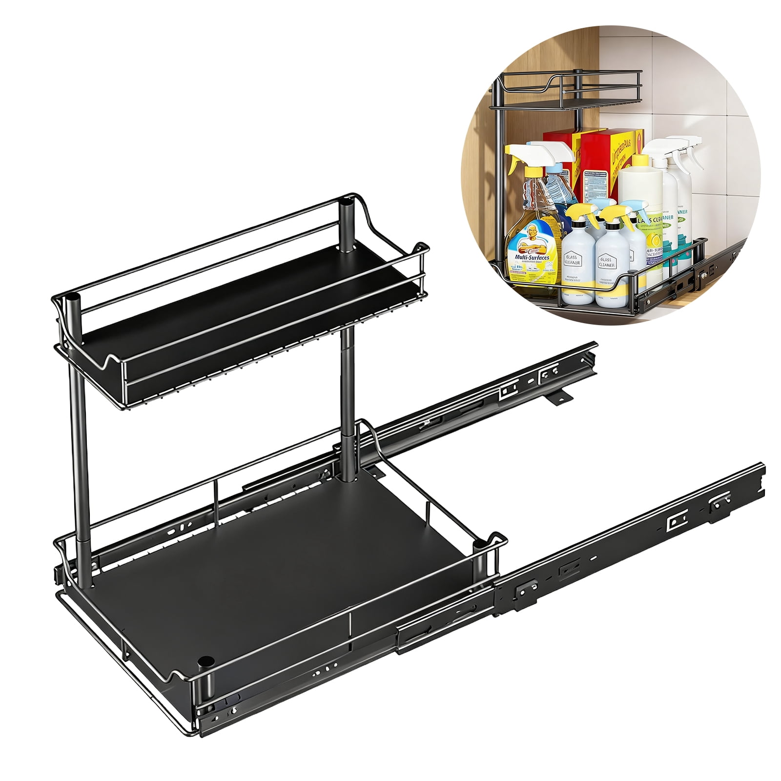 Heavy Duty Under Sink Organizer, Pull Out Cabinet Organizer for KItchen Bathroom, 2 Tier Kitchen Sink Organizer and Storage, Fully Extendable, Large-sized, 16.7"D x 13.1"W x 15.6"H