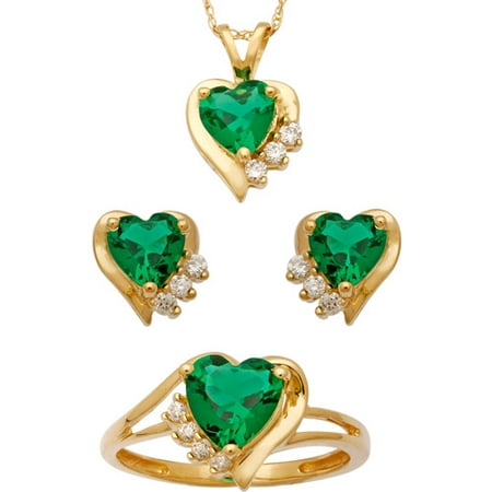 3.86 Carat T.G.W. Simulated Emerald and CZ 14kt Gold over Sterling Silver Heart Pendant, Earrings and Ring Set