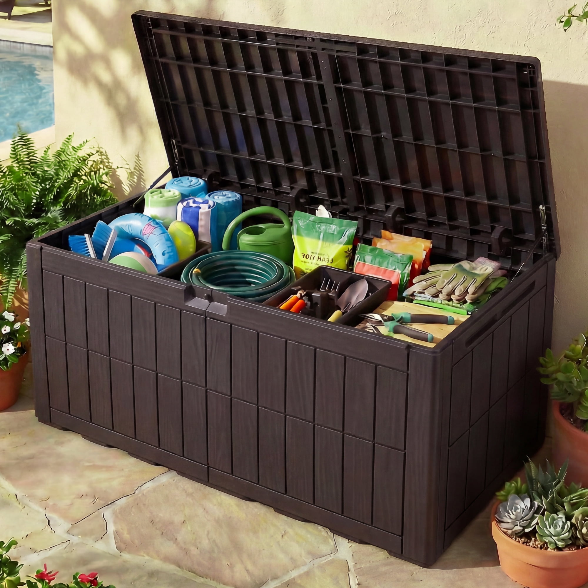 Uforic 110 Gallon Outdoor Deck Box, Waterproof Resin Lockable Storage Box, Patio Bench with Seat, Outdoor Storage Container for Garden Tools, Pool Supplies and Patio Cushions, Dark Brown