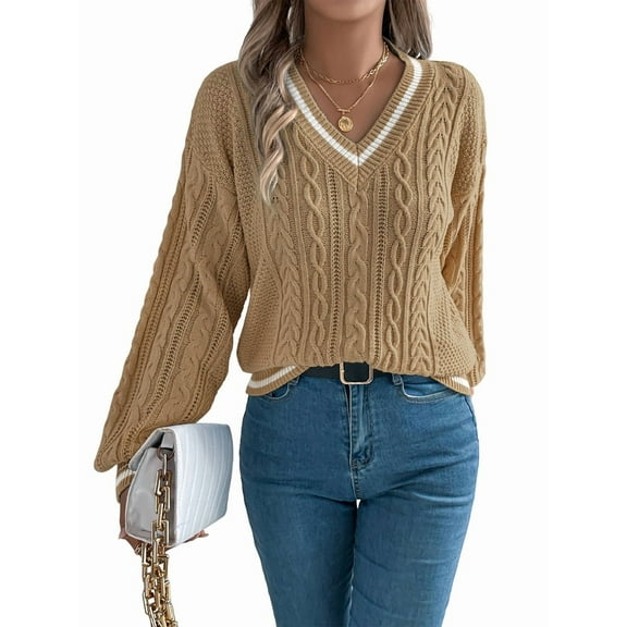 Women'S Casual V Neck Long Sleeve Sweater Trendy Striped Pullover Cable Knit Preppy Sweaters Khaki S
