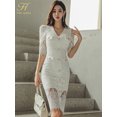 thumbnail image 1 of H Han Queen-vestidos de encaje de lápiz con cuello en V para mujer, botones de moda de verano, Blanco Simple, vestido ajustado informal para FIESTA DE TRABAJO, 1 of 1