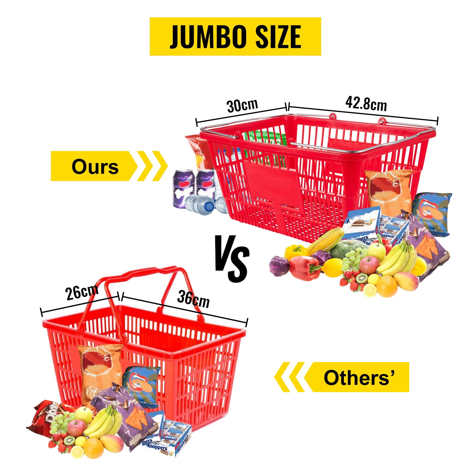 VEVOR Shopping Basket Store Baskets 21L Capacity 16.9"L with Handle 12Pcs Red