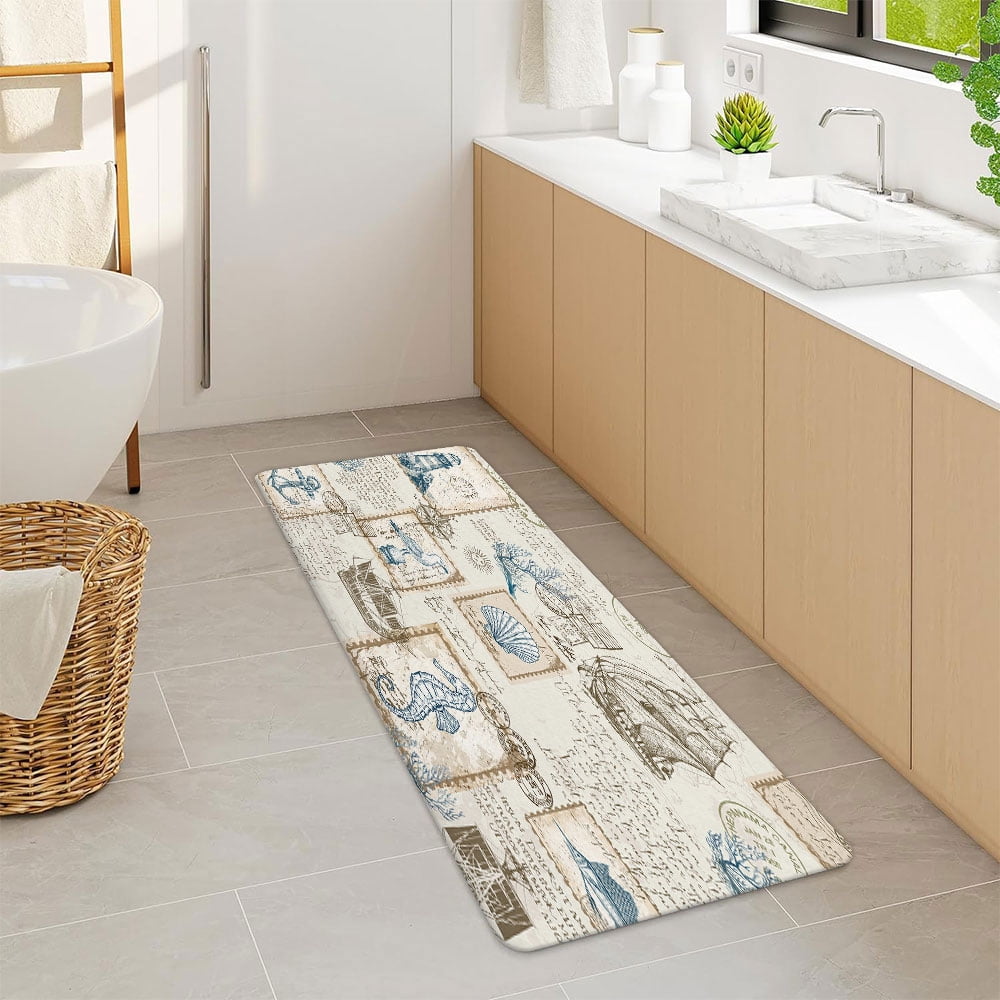 Nautical Bathroom Rugs,Beach Flannel Non Slip Mat Rug,Tropical Coastal Flannel Non Slip Mat Rug,Ocean Beach Bath Mat,Retro Sailing Adventure Bathroom Mats 17X48in