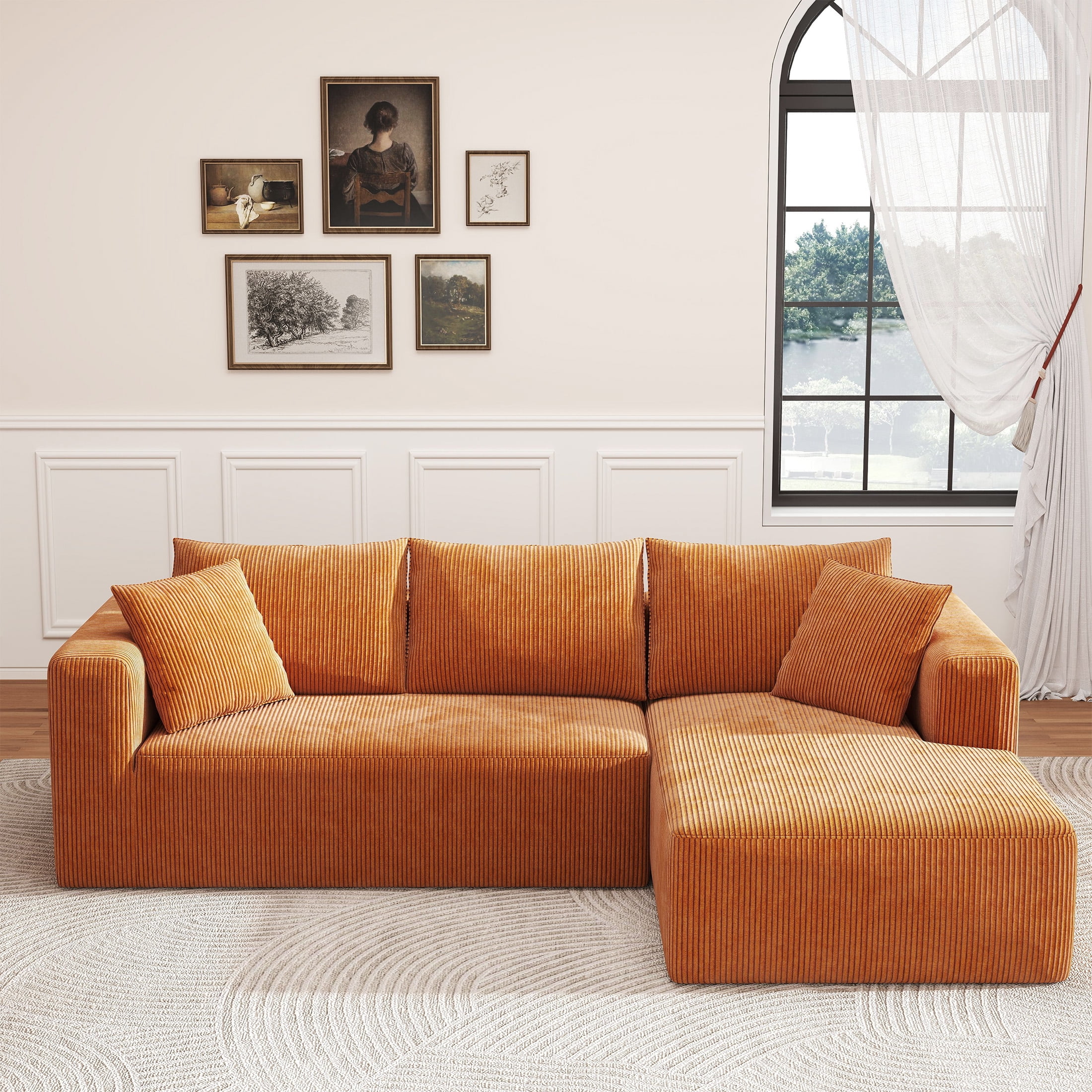 Focalsweet 107" L-Shaped Sofa Couch, Modular Sectional Living Room Sofa Set, Corduroy, No Assembly, Orange