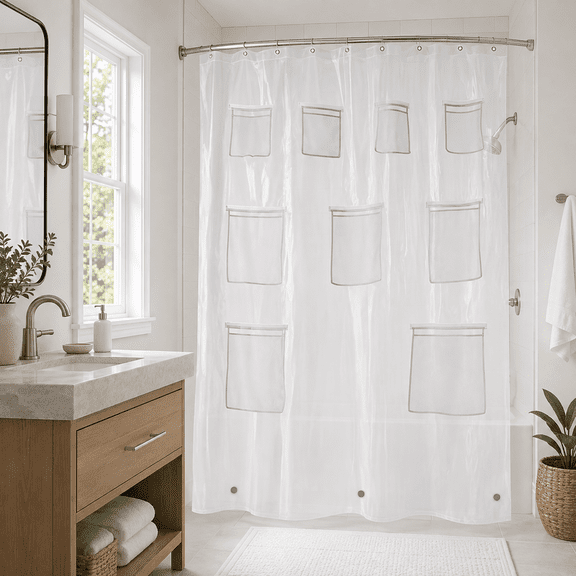 Pocket Shower Curtain With 9 Mesh Pockets Waterproof Mildew Resistant Thickened Fabric Shower Liner for Multipurpose Bathroom Storage 70.86X70.86 Inches Durable Plastic