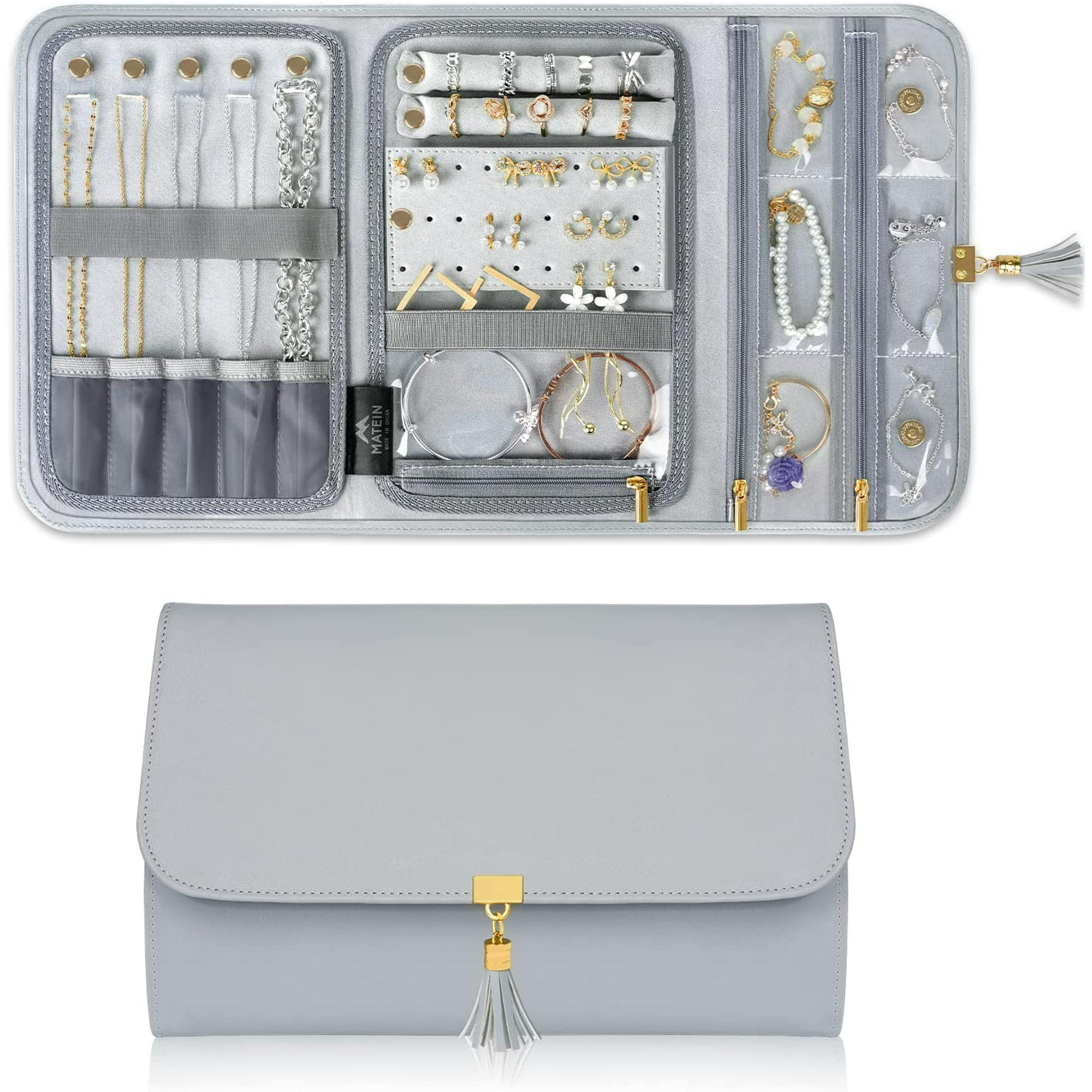 Travel Jewelry Roll Large Leather Travel Case Portable Jewelry Necklace Organizer Earring Organizer Suitable for Travel Rings Gray Walmart