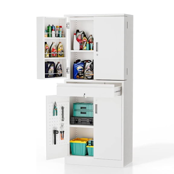 Ktaxon 71" Tall Steel Storage Cabinet with Drawer, 4-Door Lockable Pantry Organizer w/ Door Shelves, Pegboard & Hooks, Adjustable Shelves, White