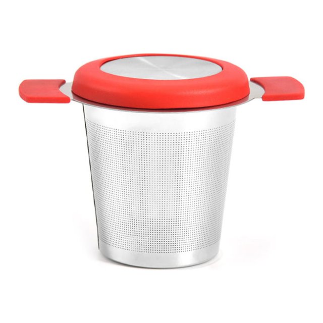Kearding Colador de té de acero inoxidable, filtro de malla, tamiz de reciclaje de doble capa con mango, infusor, suministro de cocina Teteras Rojo