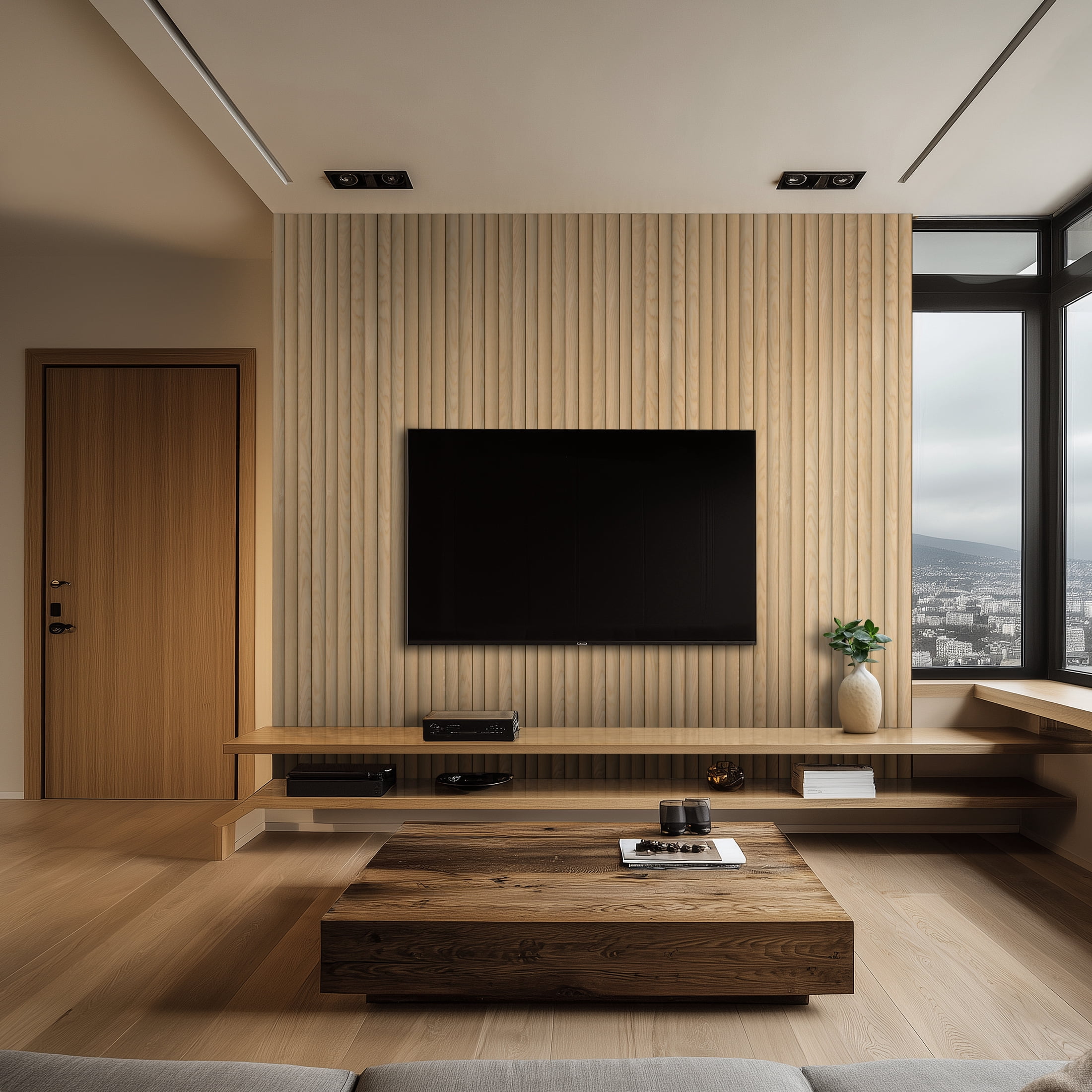 MSI 94.5 in. x 9.5 in. Natural 3D Fluted Wood Slat Acoustic Sound Absorbing Wall Paneling (Set Of 4)