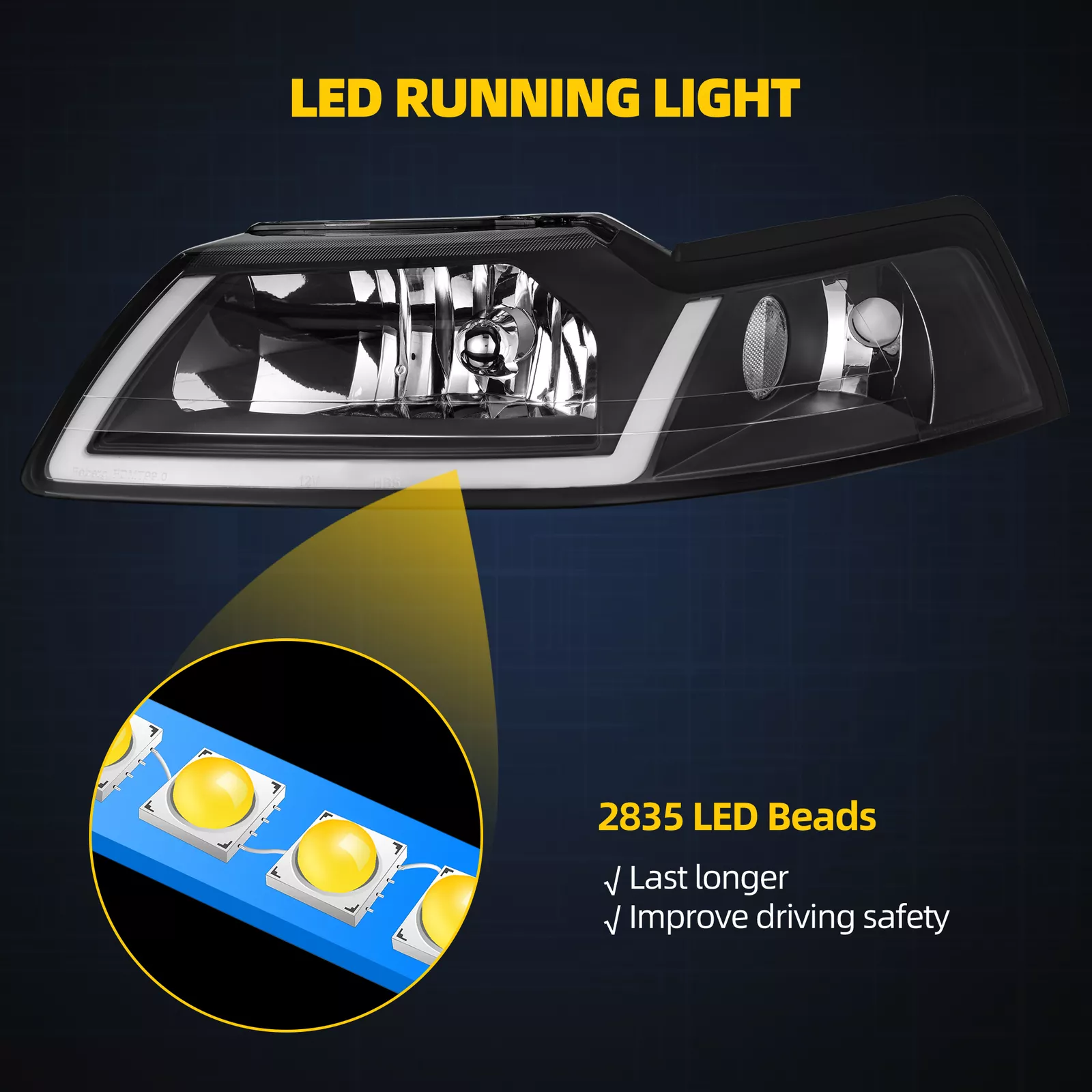 RVNI For 1999-2004 Ford Mustang GT SVT Cobra LED DRL Black Headlights Headamps Pair Set
