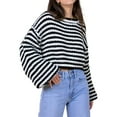thumbnail image 3 of Women'S Vintage Striped Sweater Crew Neck Long Sleeve Cropped Color Block Casual Loose Knit Pullover Top Black M, 3 of 9