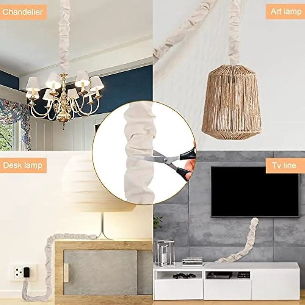 4 Pcs Fabric Cord Cover Chain Cable Sleeve Chandelier Lighting Wire Management Light Brown
