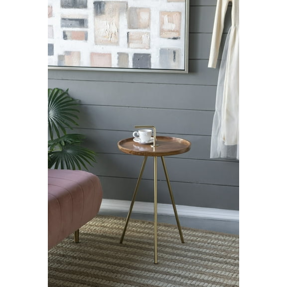 Lisonu Becket Mid-Century Modern Round Side Table, Solid Acacia Wood Top with Gold Tripod Steel Legs, 23.5" Accent End Table for Living Room, Brown
