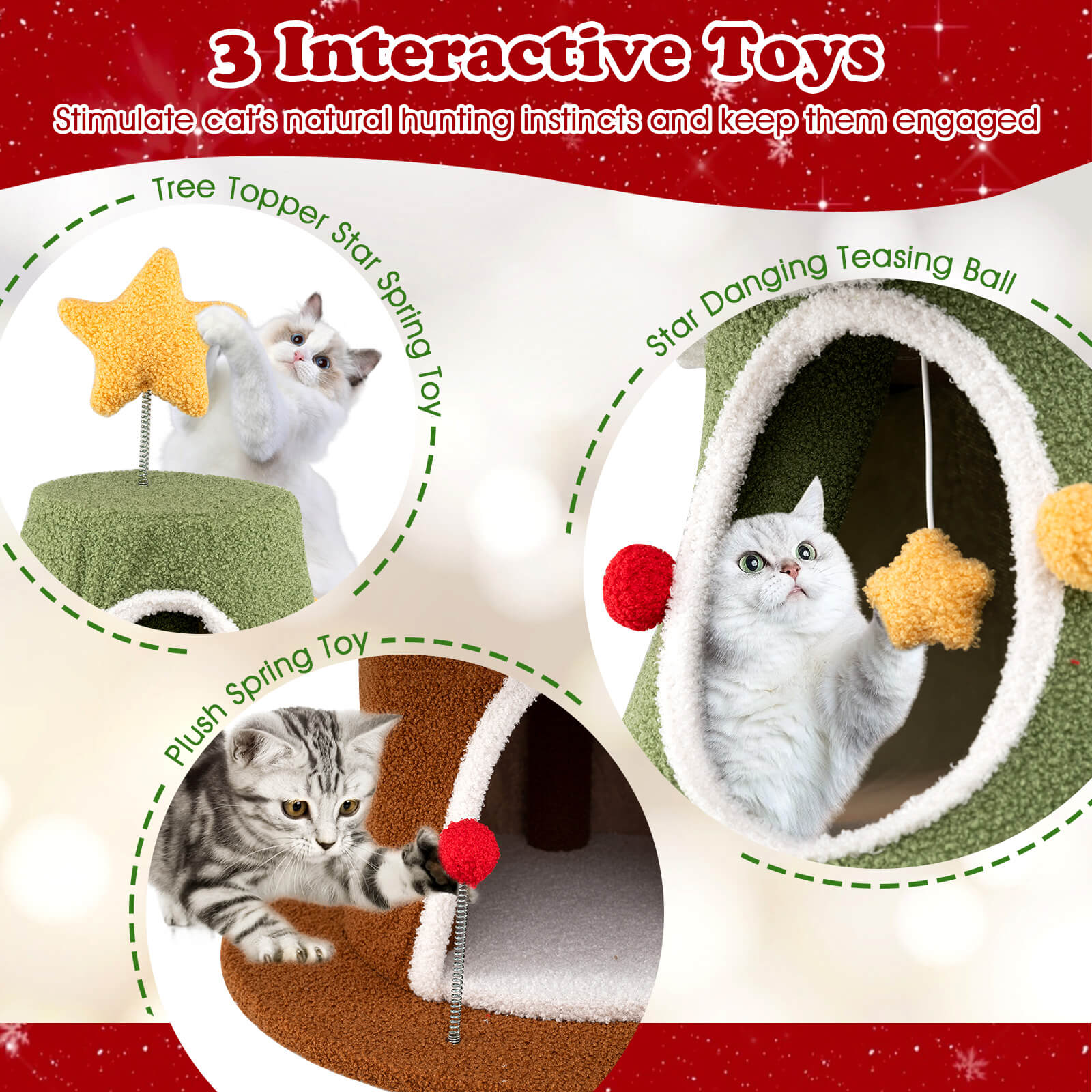 Costway 61”Large Christmas Cat Tree with 4 Condos, Sisal Carpet, Dangling Ball, Spring Toy