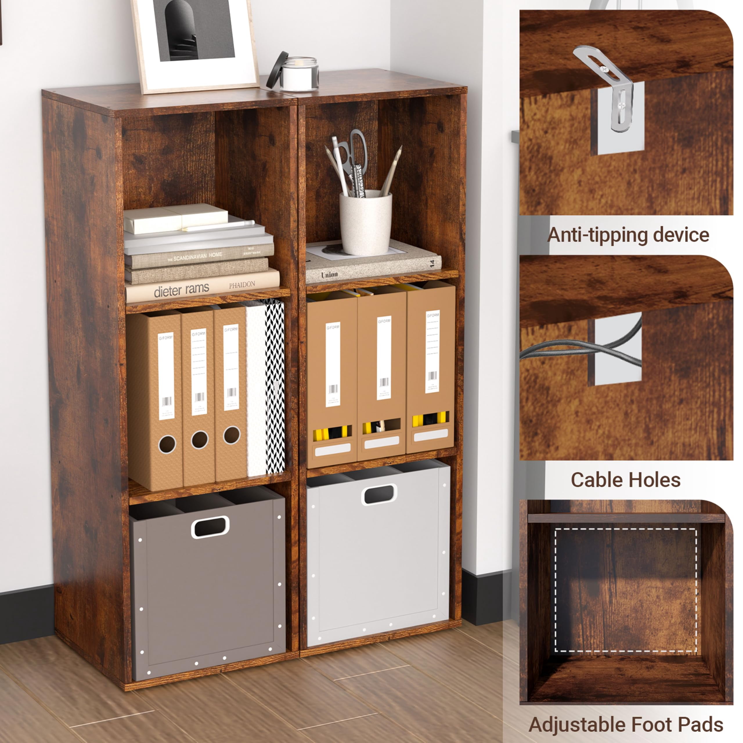 VAFHYLLIS 3 Cube Storage Organizer, 3 Tier Cube Low Bookcase Freestanding Storage Display Organizer for Home Office, Three-Cubes Open Shelf Short Bookshelf (Retro Brown, 3 Cube)