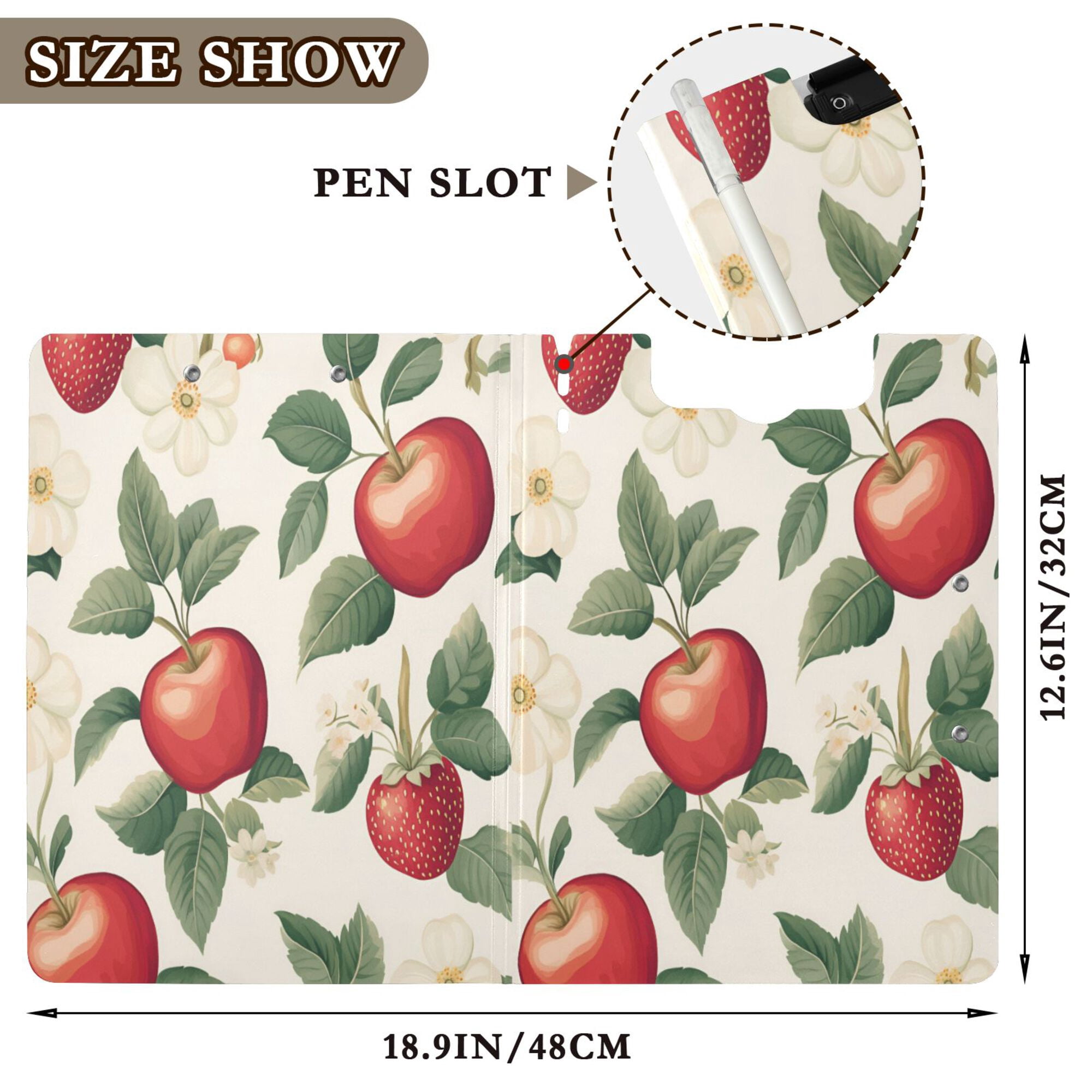 FORMRS A4 Clipboard Folder with Pen Holder Horizontal Foldable School Office Binder, Apples Flower Pattern
