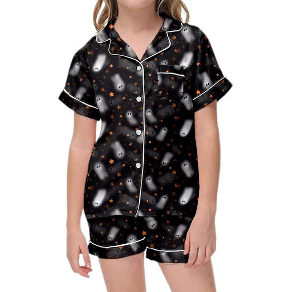 Afdoent Girls Pajamas Set Halloween Ghost Print Sleepwear Short Sleeve Lapel Top And Shorts Comfy Pajamas Set Casual Loungewear Comfortable Kids Holiday Sleepwear 8-9 Years