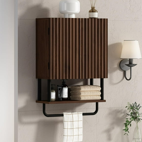 Fluted Bathroom Wall Cabinet with 2 Doors, 3-Tier Modern Farmhouse Medicine Cabinet, Over The Toilet Storage Cabinet with Adjustable Shelf and Towel Bar(Dark Walnut, Small)