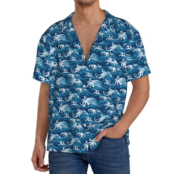 Fotbe Sea Water Wave Camisa Estampada de Manga Corta para Hombre, Casual de Verano, Estilo Playero, Sin Arrugas-Medium