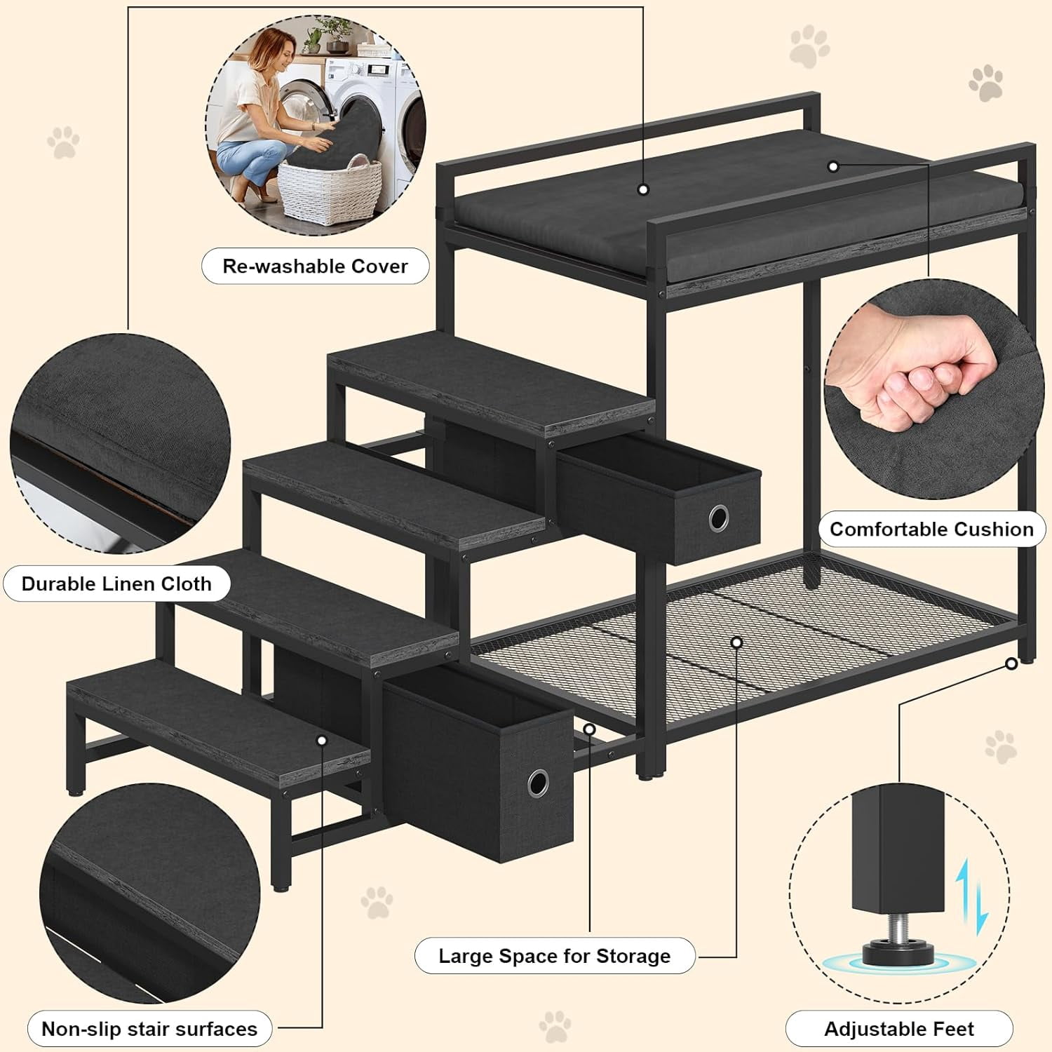 Dog Window Perch with Steps, Dog Bunk Bed Cat Windows Perch with Couch and 2 Fabric Drawer, Pet Bed and Pet Srairs Sets, Indoor Pet Furniture, Black