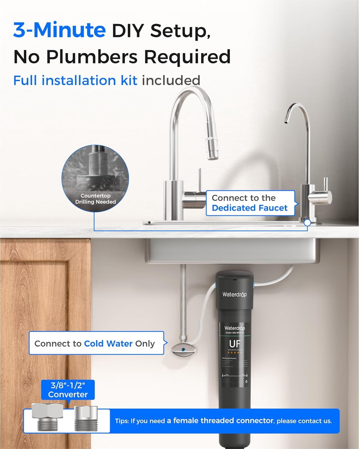 Waterdrop 15UB-UF Under Sink Water Filter System, 0.01 Micron Ultra Filtration Under Counter Drinking Water Filtration System, with Dedicated Brushed Nickel Faucet, 16K High Capacity, USA Tech