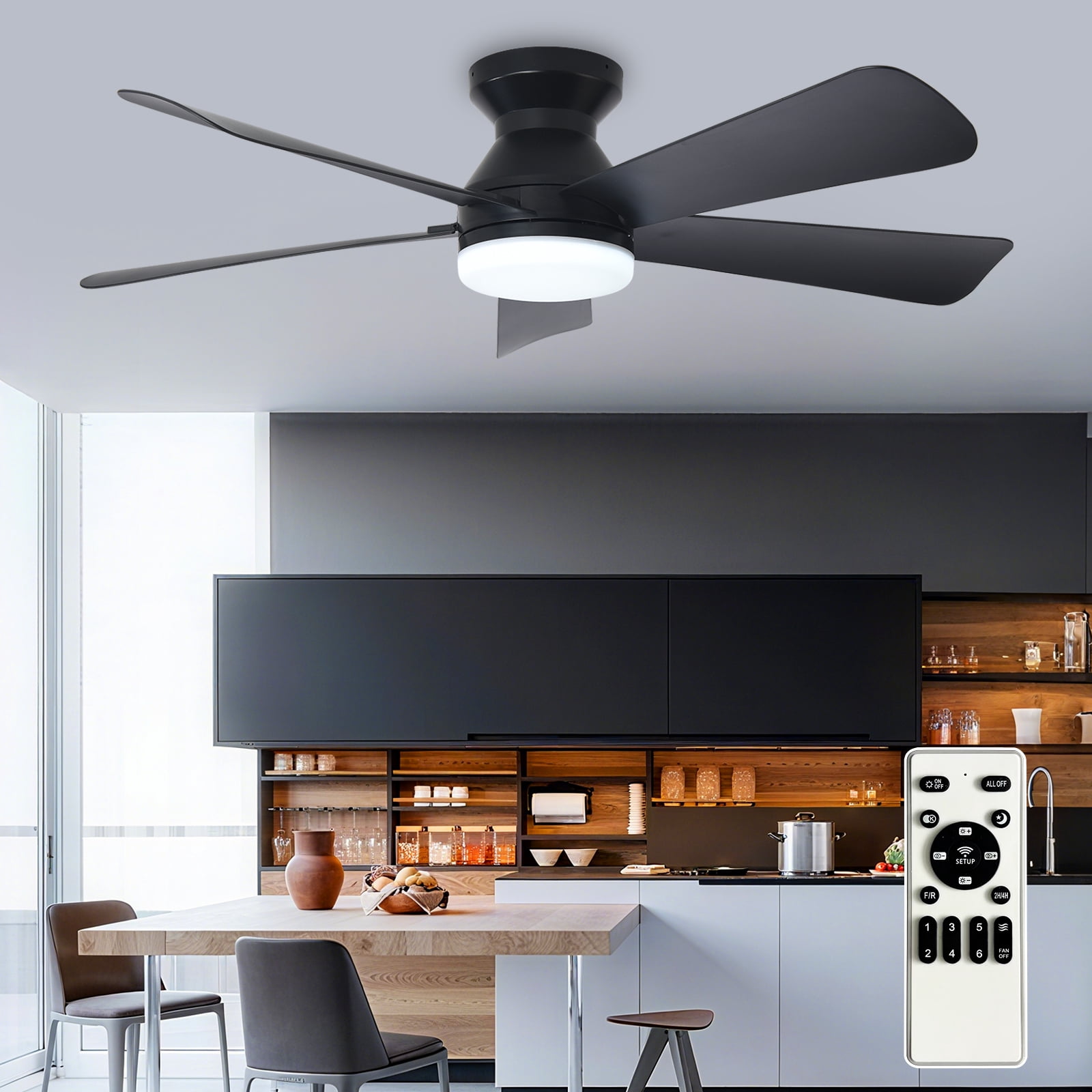 42-Inch Low Profile Ceiling Fan with Light - Dimmable LED, 6-Speed and 3 CCT, Quiet DC Motor, Remote Control, 5 Black Blades for Indoor/Outdoor