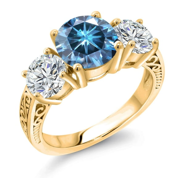 Gem Stone King 18K Yellow Gold Plated Silver Persian Blue Moissanite and Lab Grown Diamond Engagement Ring for Women | 3.38 Cttw | Round 8MM | Gemstone Birthstone | Size 8