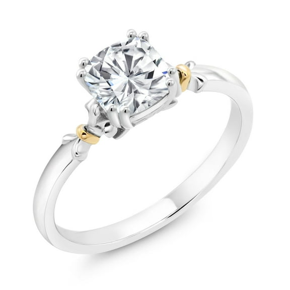 Gem Stone King 925 Sterling Silver and 10K Yellow Gold Moissanite Women Engagement Ring (1.10 Cttw, Cushion 6MM, Size 6)